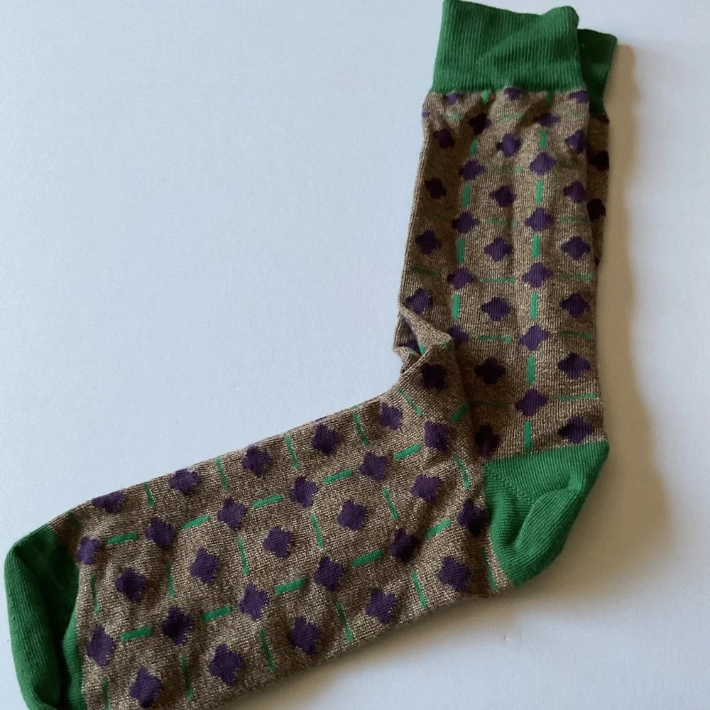 LORENZO UOMO MOROCCAN TILE PRINT CREW SOCKS BROWN GREEN COTTON OS NWOT